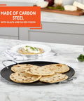 13.5 Inch Carbon Steel Nonstick Round Comal With Metal Handles Durable Black Pan For Tortillas and Even Heat Cooking on counter