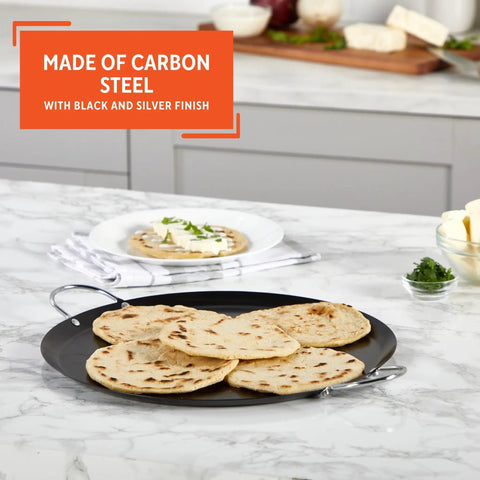 13.5 Inch Carbon Steel Nonstick Round Comal With Metal Handles Durable Black Pan For Tortillas and Even Heat Cooking on counter