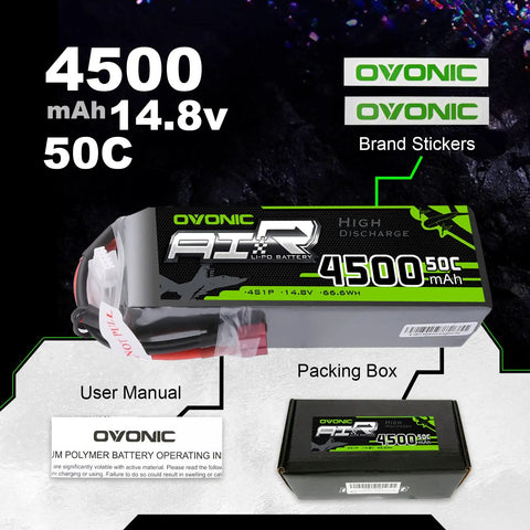 Two 4S 14.8V 4500mAh 50C LiPo Battery Packs with Dean-Style T Plugs, packaging and contents overview
