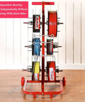 Transportable Wire Spool Rack Dispenser with 8 rods in metal frame holding multi-colored wire spools for industrial use