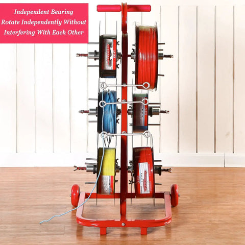 Transportable Wire Spool Rack Dispenser with 8 rods in metal frame holding multi-colored wire spools for industrial use