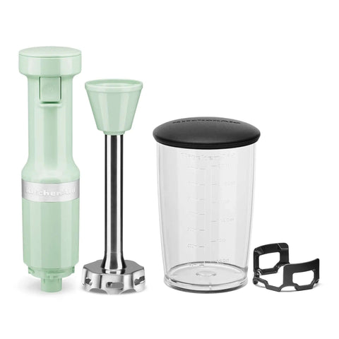 Powerful Variable Speed Corded Hand Blender With Removable 8 Inch Arm And Steel Blades For Soups And Smoothies Nifty Pan Guard Shields Cookware Pistachio immersion blender set with jar.