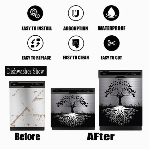 Nature Inspired Tree Design Magnetic Dishwasher Cover 23x26 Inch Large Metal Front Door Panel Sticker Fits Most Dishwashers Black Kitchen Appliances No Glue Adhesive Magnetic Decal For Refrigerator Panel Easy Cut To Fit shown in 'Before' and 'After' installation steps