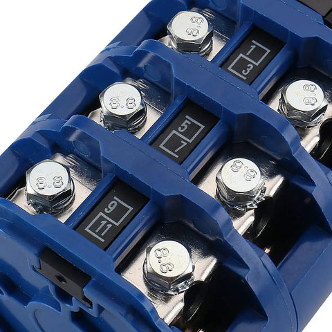 Close-up of terminals on Beefy Heavy Duty Three Phase Rotary Changeover Switch 125A 660V Three Position 1 0 2 With Twelve Terminals