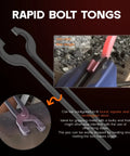 Rapid bolt tongs from Newbie Blacksmith Tongs Kit with five types for forge work, includes jaw size and rein length details.