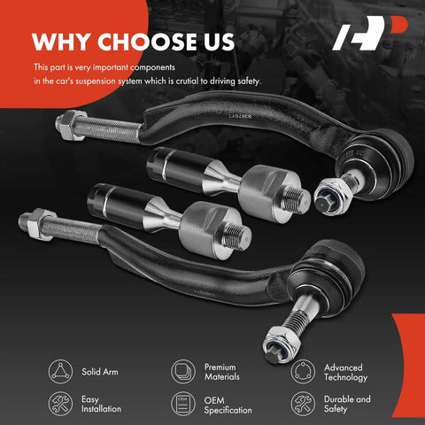 4Pcs Front Inner And Outer Tie Rod End Kit For Chevrolet Trailblazer GMC Envoy Buick Rainier Isuzu Ascender Oldsmobile Bravada 2002-2009 Replacement Set Durable Easy Install DIY Friendly Smooth Steering Great Value product image showing steel components on black background