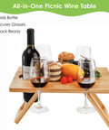 Portable Wine Picnic Table With Five Glass Holders Foldable Snack Tray For Cheese And Charcuterie Ideal For Beach Park Camping And Wine Nights Bottle Slot Doubles As A Handy Carry Handle, bamboo table with two glasses and snacks