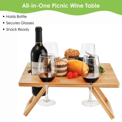 Portable Wine Picnic Table With Five Glass Holders Foldable Snack Tray For Cheese And Charcuterie Ideal For Beach Park Camping And Wine Nights Bottle Slot Doubles As A Handy Carry Handle, bamboo table with two glasses and snacks