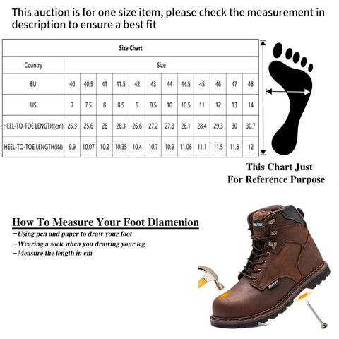 "Mens Work Boots With Crazy Horse Leather Goodyear Construction Steel Toe Waterproof Non Slip Warmth Tough Work Shoes For Rough Terrain Brown Size 13 All Day Comfort next to size chart."