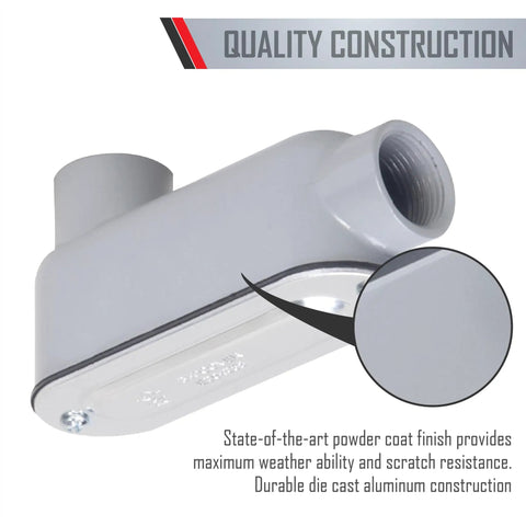 RLB075 Threaded LB Conduit Body With Die Cast Aluminum Construction, Stamped Steel Cover, 3/4-Inch NPT, gray powder coat finish