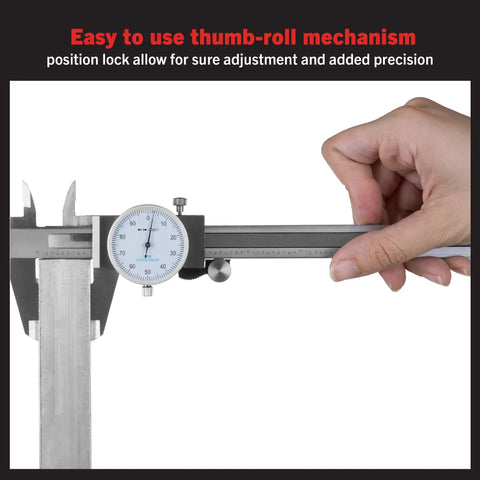Stainless Steel Dial Caliper Built Tough With Shockproof Design And Plastic Carry Case 0 To 6 Inch Measuring Range Ultra Precise 0.001 Inch Dial Readings Thumb Roll Lock For Quick Accurate Measurements used by hand on scale