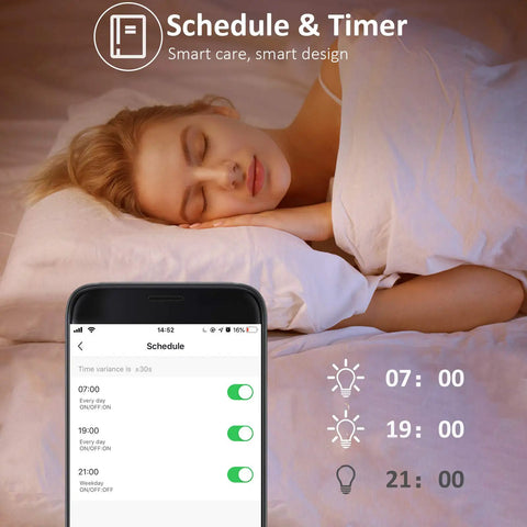 Woman sleeping with phone showing schedule for Crazy Bright Smart LED Light Bulbs 16W 1600 Lumen 150W Equivalent Color Changing A19 E26 Dimmable
