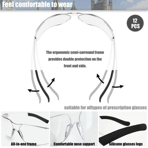 12 Pack ANSI Z87.1 Safety Glasses For Men And Women Clear And Grey Lens Anti Scratch Eye Protection ergonomic frame design