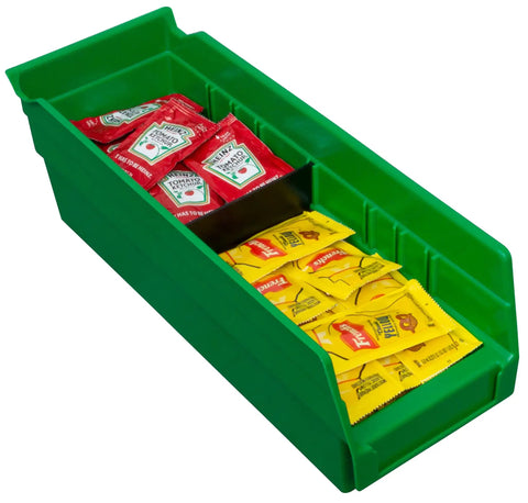 Plastic Width Dividers For 4 Inch Tall Shelf Bins Fits Models 30120 30128 And 30124 with condiments inside green bin