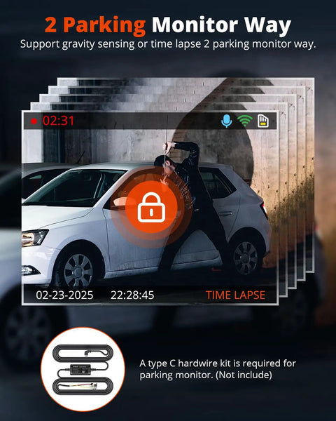 Dual 2K Front And Rear Dash Cam With 64GB SD Card Wireless WiFi Car Camera showing time lapse parking monitor mode with locked icon