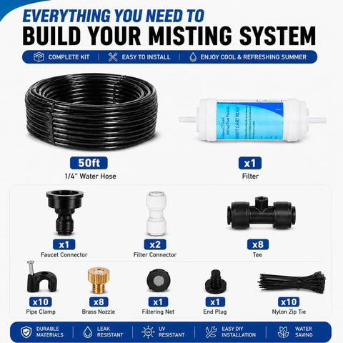 Components of Outdoor Patio Misting System 50Ft With 8 Brass Nozzles And Water Filter DIY Kit For Garden Greenhouse Backyard Cooling