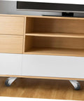 Heavy Duty Sliding Door Rollers Featuring Grooved Directional Wheels mounted on a white cabinet with wooden drawers.