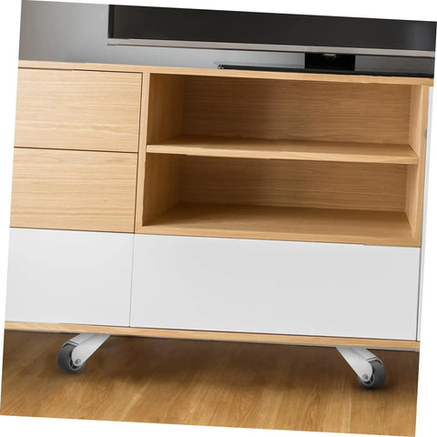 Heavy Duty Sliding Door Rollers Featuring Grooved Directional Wheels mounted on a white cabinet with wooden drawers.