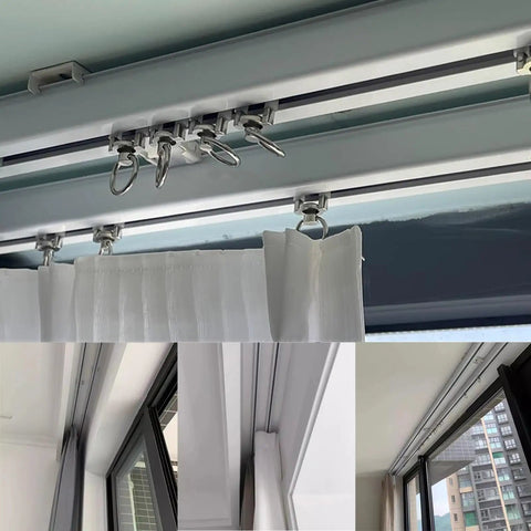Heavy Duty Aluminum Alloy Curtain Tracks Providing Hella Smooth Tracking with wheeled gliders above sheer curtains.