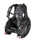 Guardian ErgoTrim Scuba BCD With SLS Weight System, large size, front angle showing buckles and inflator, black material