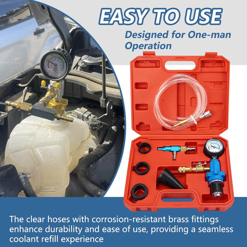 Coolant Vacuum Refill Kit with Universal 32mm Rubber Adapters Including 45mm 40mm 35mm Sleeves for Radiator Purge and Antifreeze Top Off in use.