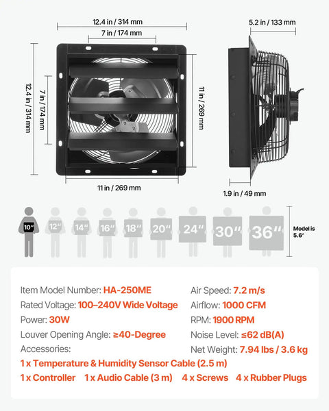 10 Inch Wall Mounted Exhaust Fan With Variable Speed And Temperature Humidity Controller 1000 CFM Automatic Shutter Ideal For Attics Sheds And Workshops No Fuss Install For Rapid Fresh Air And Odor Removal, showing dimensions and features