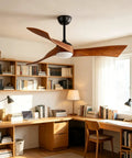 52" Modern Wood Ceiling Fan with Dimmable LED Light, 3 hand-carved solid wood blades in a stylish home office.