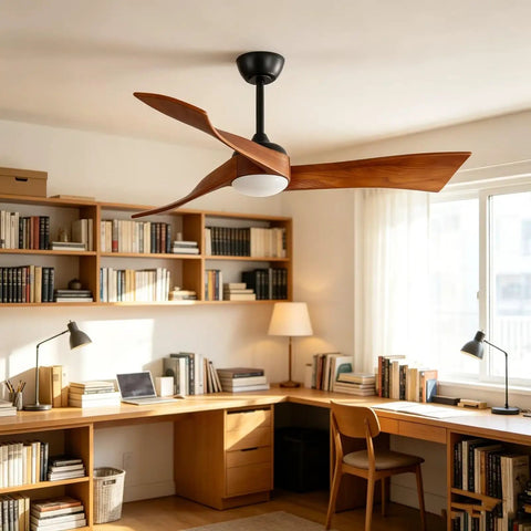 52" Modern Wood Ceiling Fan with Dimmable LED Light, 3 hand-carved solid wood blades in a stylish home office.