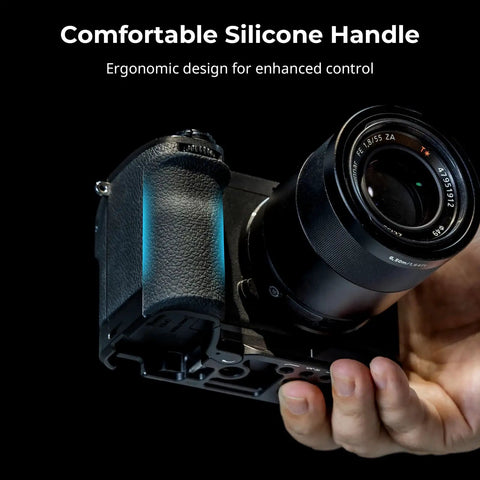 Silicone L Shape Hand Grip for Sony Alpha 6700 Camera With Built-In Arca-Swiss Quick Release Plate shown in hand