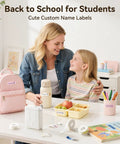 Mother and daughter using D110 Bluetooth Label Maker with Thermal Printer to create custom name labels for school items.