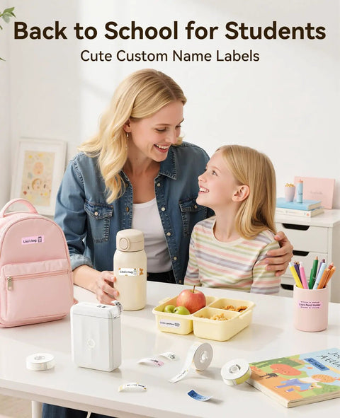 Mother and daughter using D110 Bluetooth Label Maker with Thermal Printer to create custom name labels for school items.