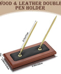 Wood And Leather Double Pen Holder Desk Set With Two Black Pens, Pro Grade Luxury Desk Stand, gold accents, dimensions shown