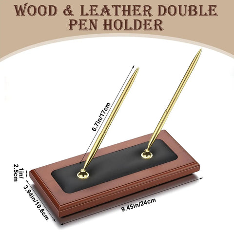 Wood And Leather Double Pen Holder Desk Set With Two Black Pens, Pro Grade Luxury Desk Stand, gold accents, dimensions shown