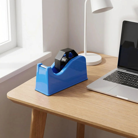 Portable Plastic Tape Dispenser With Weighted Non Slip Base And Vertical Roll Mechanism, Quick Release Blade, Desk Side Organizer For Washi And Masking Tapes, Great For Office, School, And Stationery Setups on wooden desk beside laptop