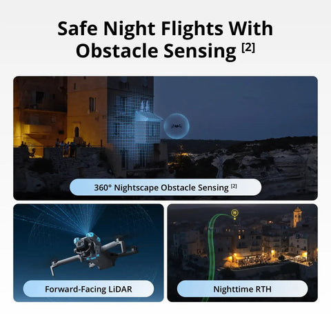 Image of Mini 5 Pro Fly More Combo Plus With RC 2 Drone showcasing nightscape obstacle sensing and forward-facing LiDAR.