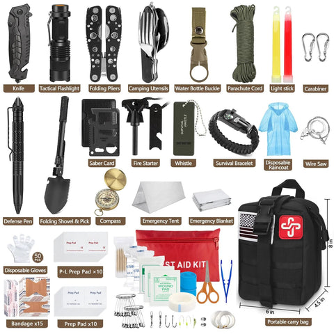 238-piece emergency survival and first-aid kit in black MOLLE pouch with tent and camping gear, front view