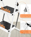 Foldable 2 Step Ladder With Handgrip And Anti Slip Wide Pedals Built Like A Tank For Adults Sturdy Stepladder details showing stability features