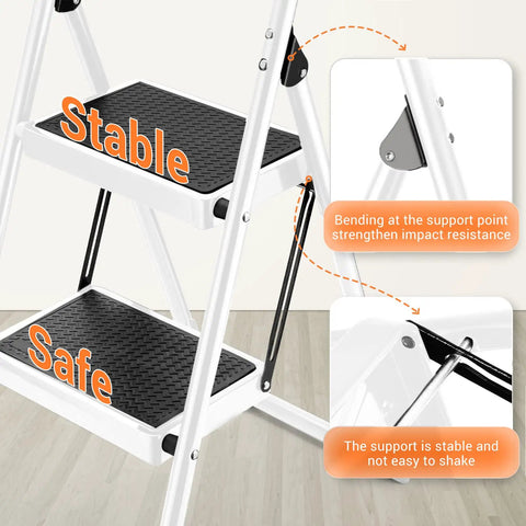 Foldable 2 Step Ladder With Handgrip And Anti Slip Wide Pedals Built Like A Tank For Adults Sturdy Stepladder details showing stability features