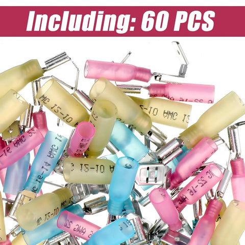 60Pcs Heat Shrink Piggyback Spade Connectors Kit with Red Blue Yellow Quick Disconnect Terminals for Marine Electronics and Auto Wiring