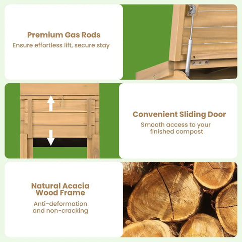 Solid Wood Compost Bin 48 Gallon Outdoor Bin With Lockable Sliding Door, showing gas rods and natural acacia wood frame details.