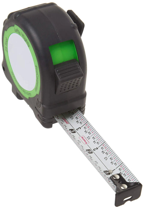 ProCarpenter 25-Foot Lefty Righty Measuring Tape with Fastpad, showing extended blade and compact casing with rubber boot protection.