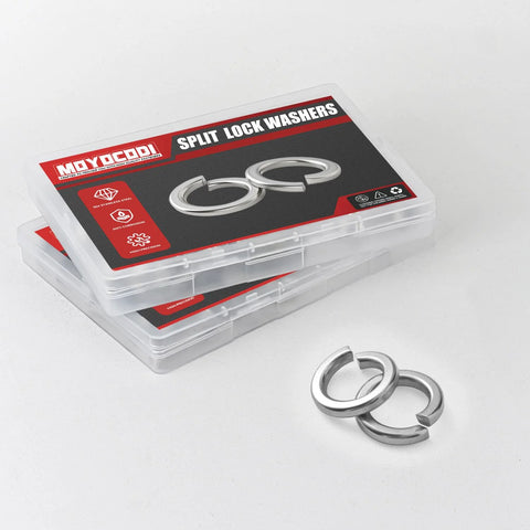 Front view: 1/4 in 304 stainless steel split lock washers, 100-pack box; two washers outside.