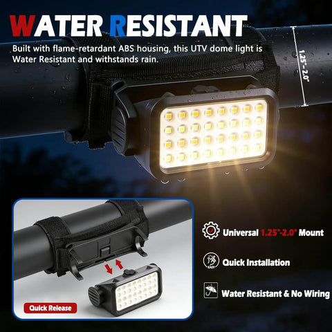 Hella Bright UTV Dome Light Plus Rechargeable Overhead Roll Bar Lamp mounted on roll bar with water-resistant feature.