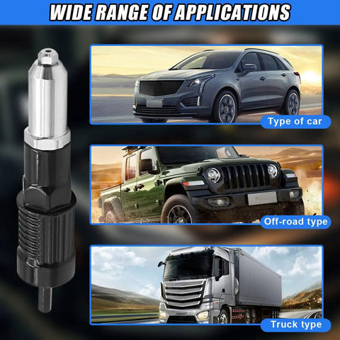 Rivet Drill Adapter Kit For Cordless Drills With Four Rivet Heads 2.4mm 3.2mm 4.0mm 4.8mm Aluminum Alloy Attachment featured for various vehicles.