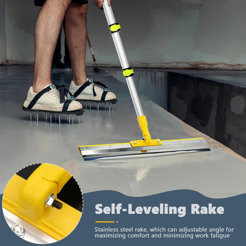 Pro Grade Self Leveling Cement Tool Kit With Stainless Steel Rake And Scraper 22 Inch Self Leveling Rake Teeth Spike Roller Spiked Shoes