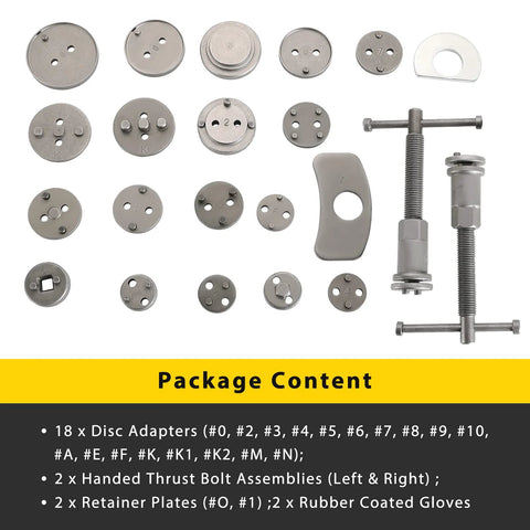 Acymner 24PCS Disc Brake Caliper Tool Kit, front view showing 18 disc adapters, thrust bolts, retainer plates, and gloves