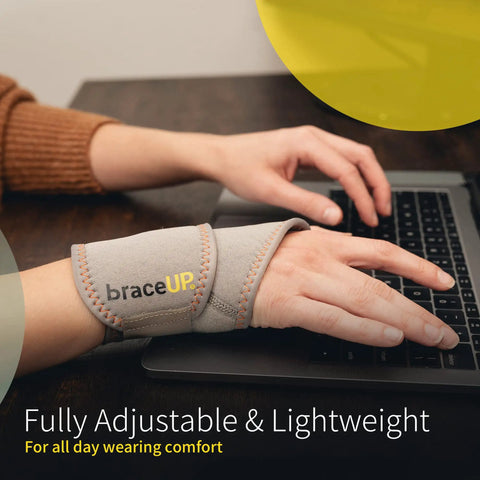 Adjustable Wrist Wrap For Men And Women, Carpal Tunnel Relief, Tendonitis Support, neoprene brace worn on hand using laptop