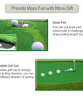 Real Deal Golf Putting Green Mat For Indoor Outdoor Practice 5x10ft with slope pad and movable cup, showcasing realistic grass feel.