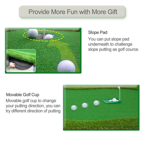 Real Deal Golf Putting Green Mat For Indoor Outdoor Practice 5x10ft with slope pad and movable cup, showcasing realistic grass feel.