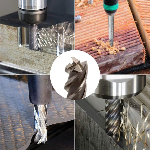 End mill set, eight 1/4-inch, 4-flute HSS cutters with straight shank for CNC milling wood and metal.